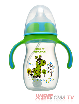 優(yōu)嘻噯炫彩PP寬口徑自動奶瓶260ml藍(lán)綠色